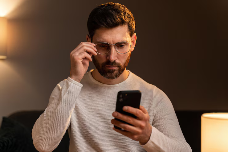 bonito jovem macho sorrindo enquanto está sentado com o smartphone e olhando atentamente para a tela