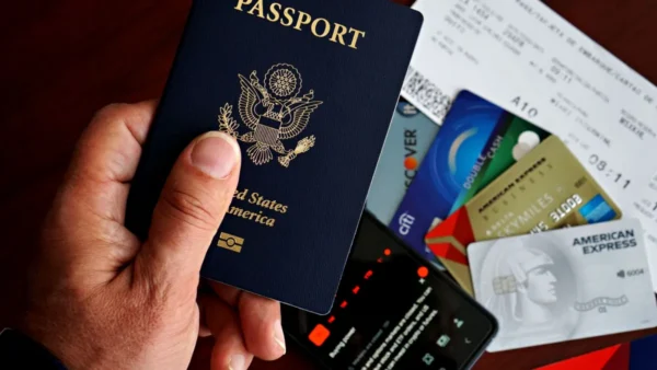 Mão segurando passaporte americano sobre documentos e cartões